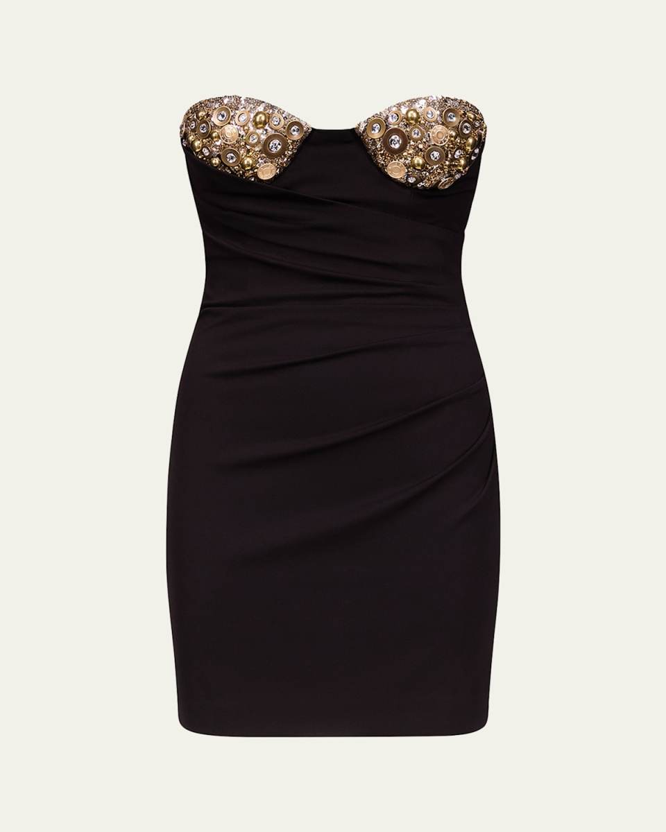 Crystal Button Cluster Embroidered Draped Mini Dress